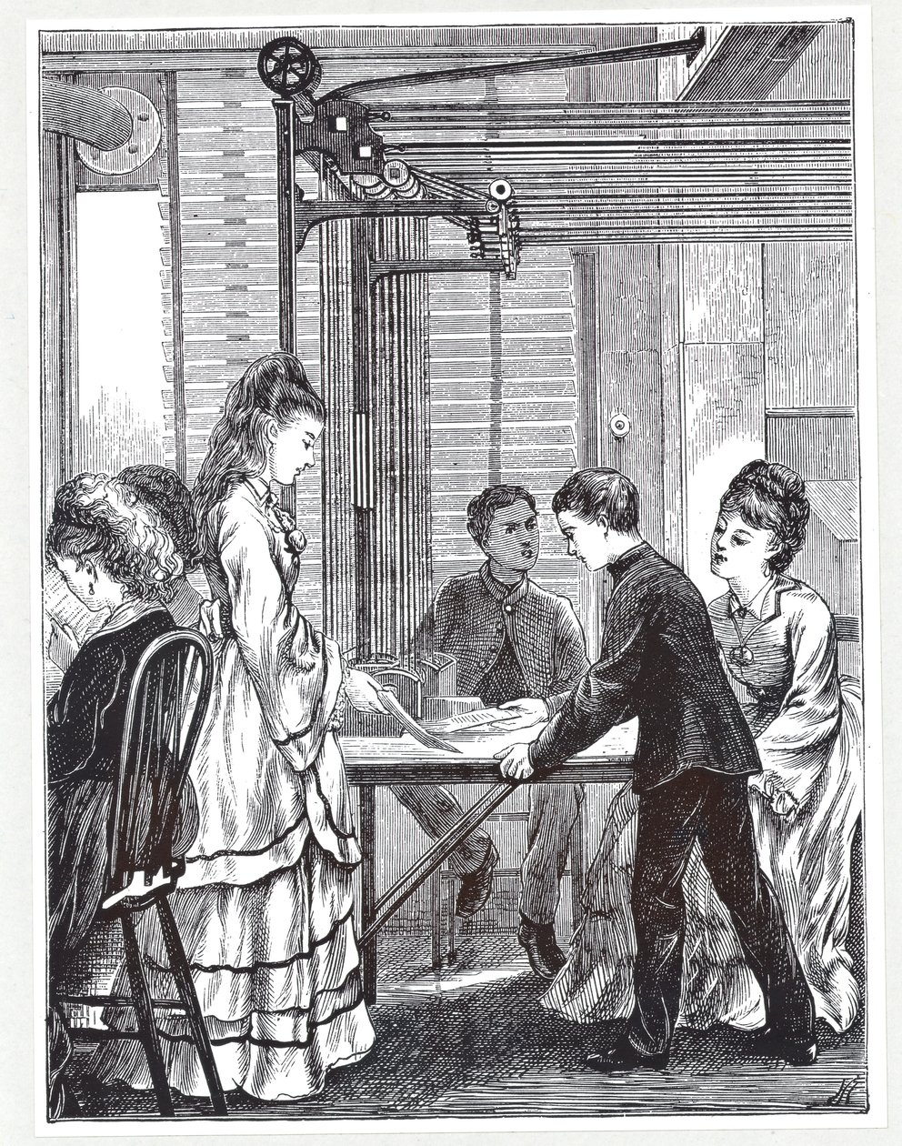 Laitteet viestien kuljettamiseen Post Office Telegraphin päämajassa, Telegraph Street, Lontoo, The Graphic, 1871 tekijältä English School