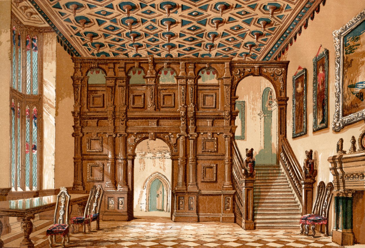 Methley Hallin sisustus Yorkshiressa Englannissa ennen sen purkamista vuonna 1963, vanhasta Englannista: Kuvamuseo, pubi. 1847 tekijältä English School