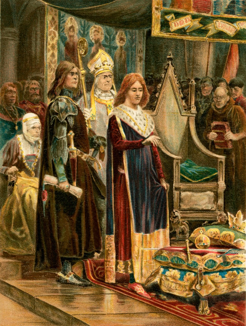 Edvard III:n virkaanastujaiset (värilitografia). tekijältä English School