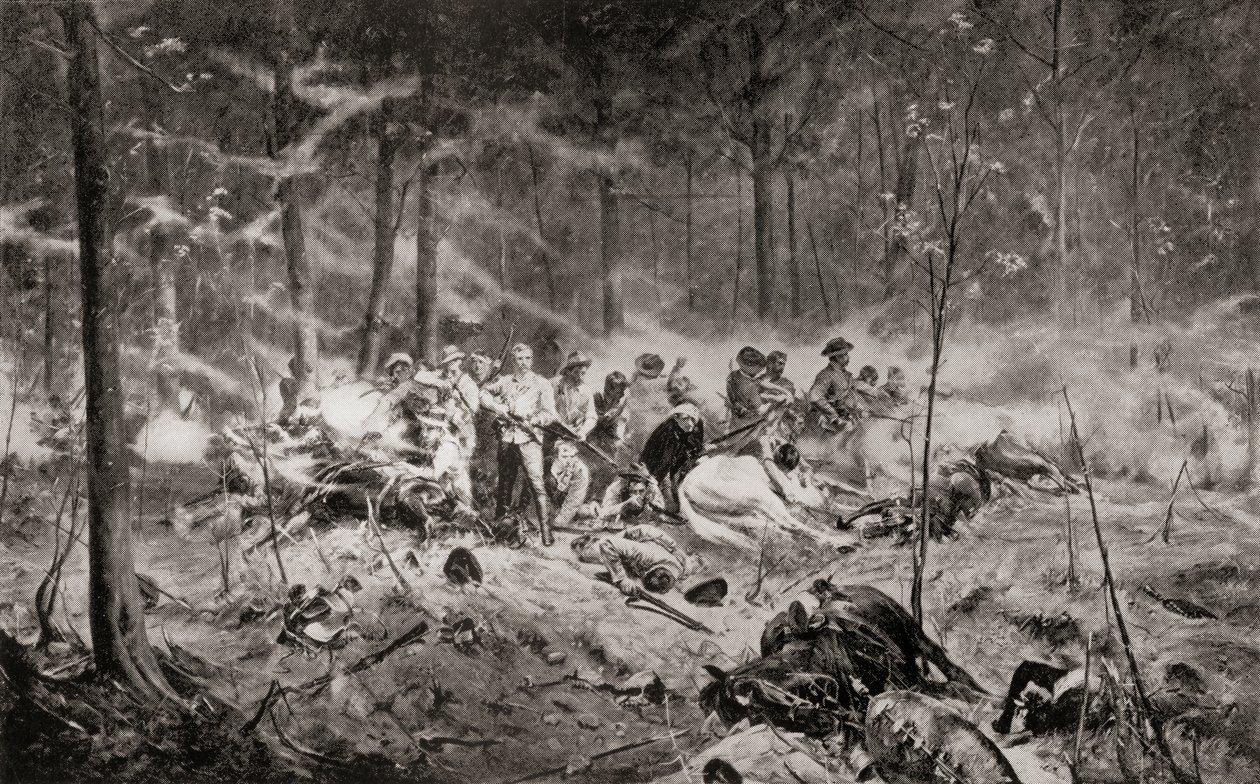 Majuri Allan Wilsonin viimeinen osasto Shangani-joella Matabelelandissa ensimmäisen Matabele-sodan aikana vuonna 1893 Allan Stewartin maalauksen jälkeen, Etelä-Afrikasta ja Transvaalin sodasta: Voi. 1