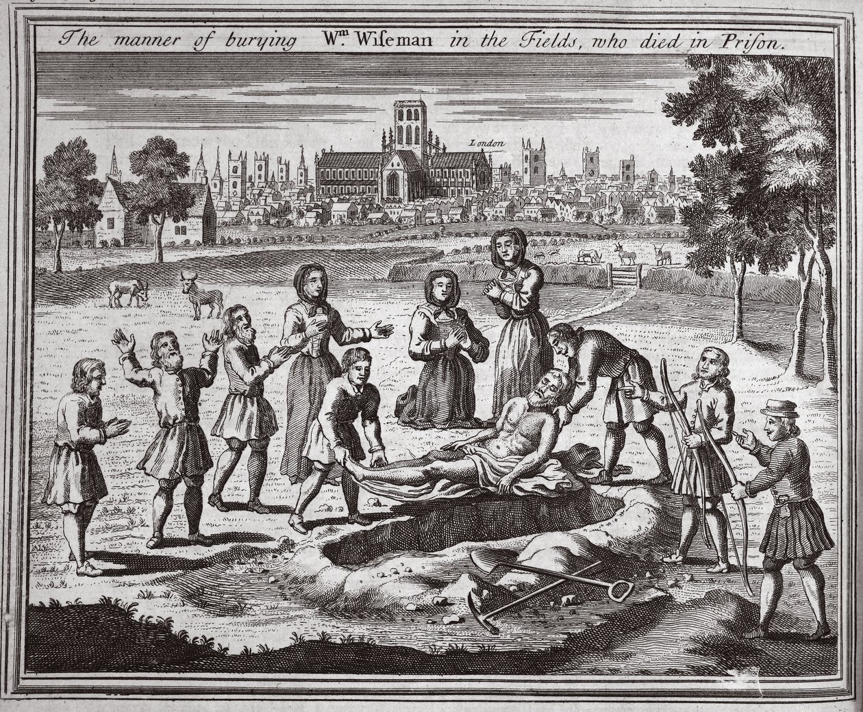 Tapa haudata vankilassa kuolleen Wm Wisemanin pelloille, kuva Foxes Martyrsista n. 1703 tekijältä English School