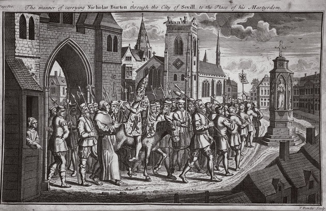 Tapa, jolla Nicholas Burton kuljetettiin Sevillan kaupungin läpi marttyyrikuolemapaikalleen, kuva Foxes Martyrsista n. 1703 tekijältä English School