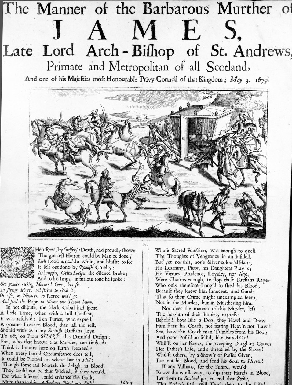 Jamesin, edesmenneen St. Andrewsin lordiarkkipiispan, koko Skotlannin kädellisen ja metropoliitin, barbaarisen murhan tapa, 1679 tekijältä English School