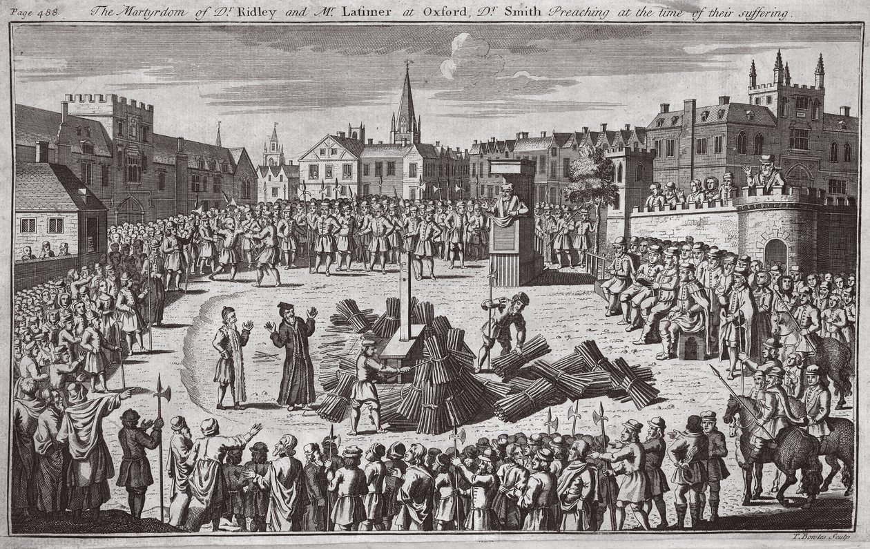 Tohtori Ridleyn ja herra Latimerin marttyyrikuolema Oxfordissa, tohtori Smith saarnaa heidän kärsimyksensä aikana, kuvitus teoksesta "Foxes Martyrs" n. 1703 (litografia). tekijältä English School