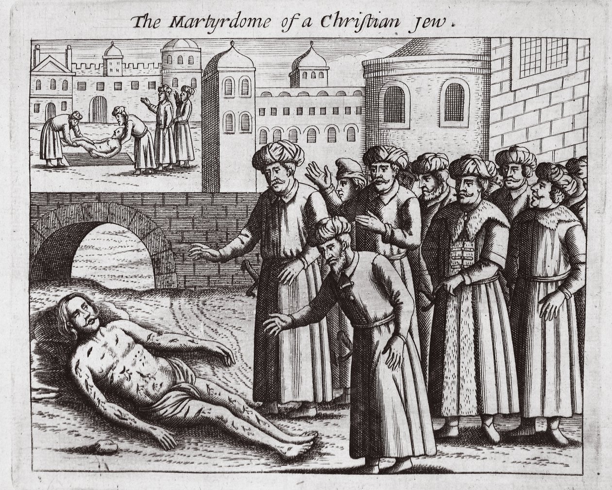 Kristillisen juutalaisen marttyyrikuolema, John Foxen kuvitus teoksesta Apostolien teot ja monumentit, yhdeksäs painos, pubi. 1684 tekijältä English School