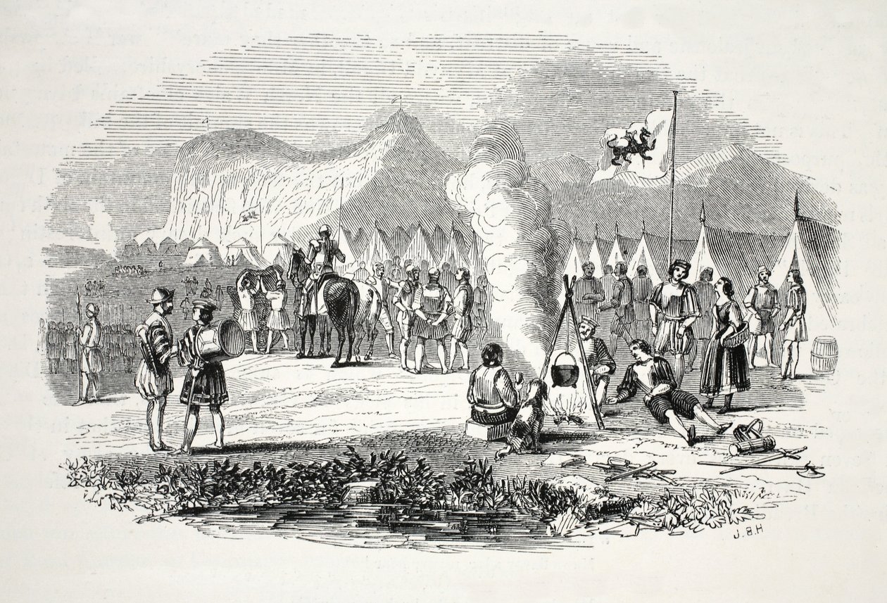 Pohjois- ja Etelä-Walesin päälliköiden tapaaminen Breidden Hillsissä matkalla Bosworth-fieldiin, pubiin. 1800-luku (teräskaiverrus) tekijältä English School
