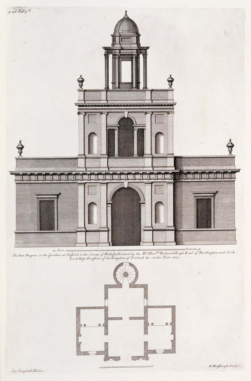 Uusi "Bagnio" Chiswick Housen puutarhassa, Colen Campbellin teoksesta "Vitruvius Britannicus or The British Architect" (kaiverrus). tekijältä English School