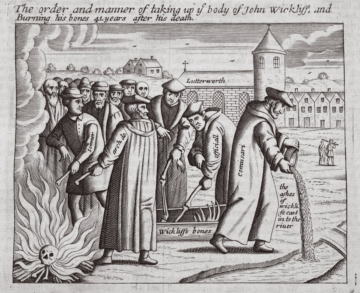 Järjestys ja tapa ottaa John Wickliffin ruumis ja polttaa hänen luunsa 44 vuotta hänen kuolemansa jälkeen, kuva John Foxen teoksista Apostolien teot ja monumentit, yhdeksäs painos, pub. 1684 tekijältä English School