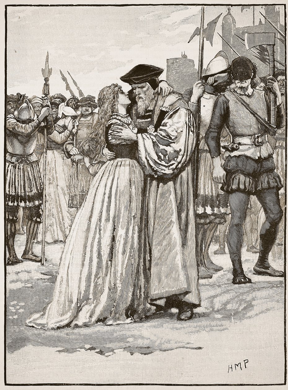 Sir Thomas Moren ja hänen tyttärensä ero, kuvitus Cassells Illustrated History of Englandista (seepiakuva) tekijältä English School