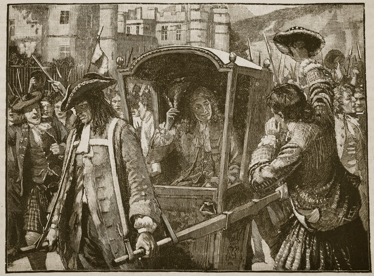 Edinburghin ihmiset saattamassa Hamiltonin herttua Holyroodin palatsiin, kuvitus Cassells Illustrated History of Englandista (seepiakuva) tekijältä English School