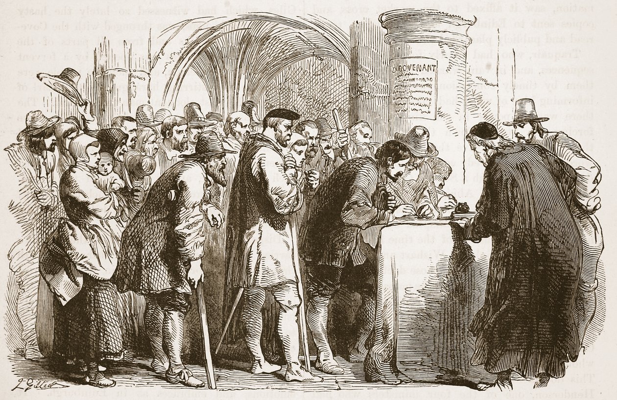 Ihmiset allekirjoittavat liiton St. Gilesin kirkossa Edinburghissa, kuvitus Cassells Illustrated History of Englandista (seepiakuva) tekijältä English School