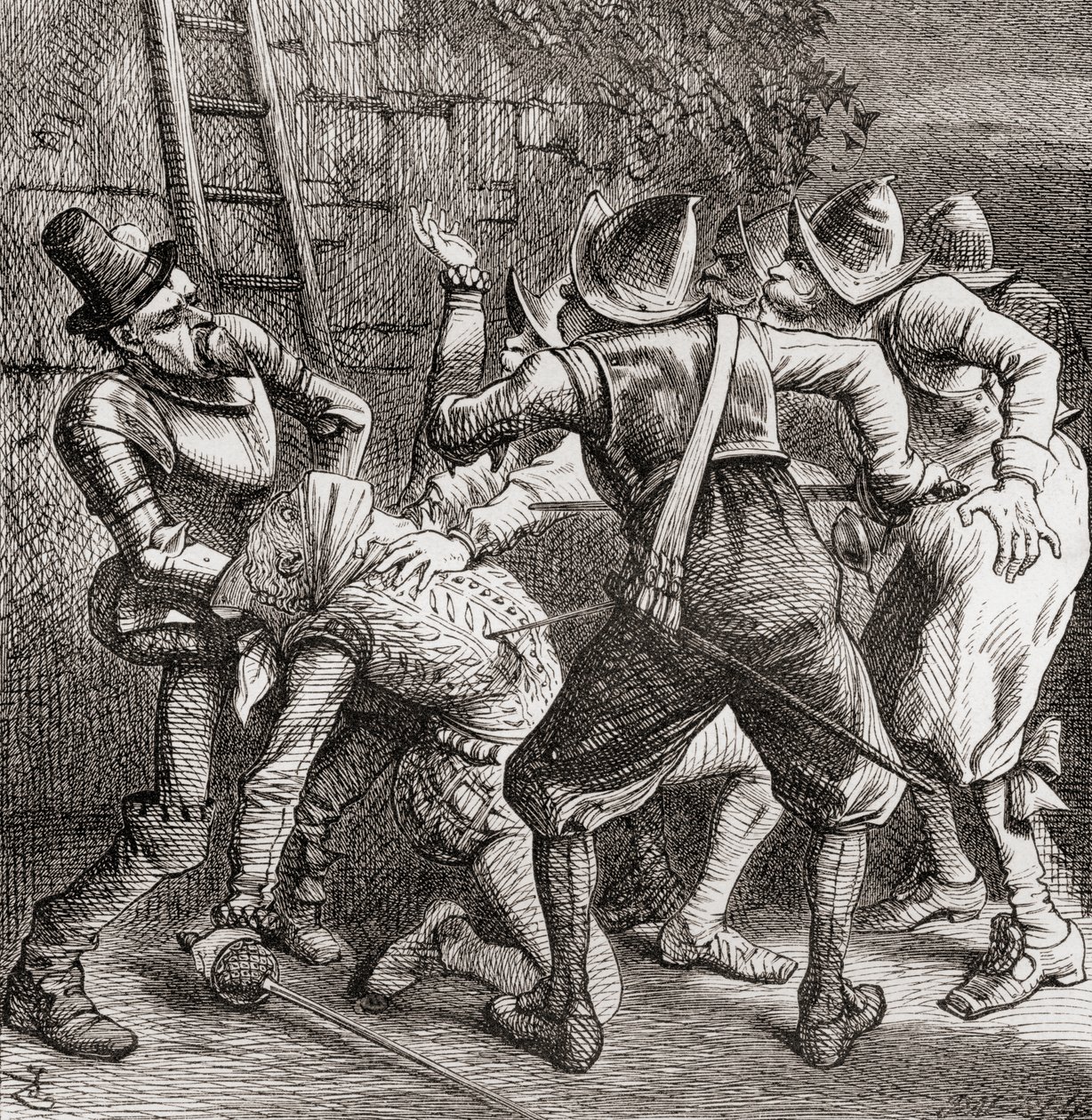 "Loput veijareista hyppäsivät hänen päälleen ja murhasivat hänet", kuvitus J. Tennielin mukaan J. Tennielin runoon "Tragedia", Thomas Ingoldsbyn teoksesta "The Ingoldsby Legends or Mirth and Marvels", julkaistu 1865 (litografia). tekijältä English School
