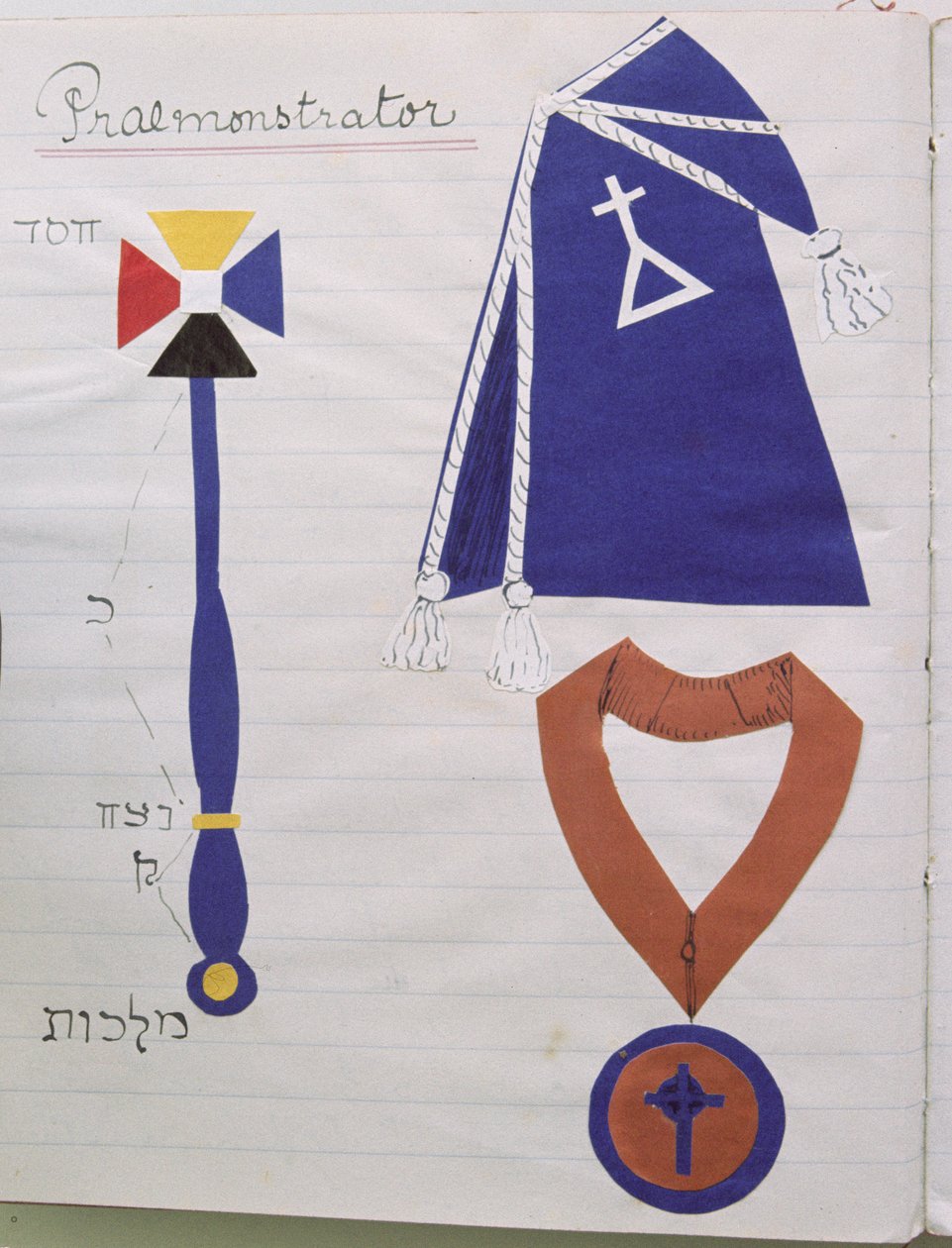 Kultaisen Aamunkoiton hermeettisen ritarikunnan opettajan (Praemonstrator) viitta (ritarikunnan symbolilla) ja regalit, n. 1895 (kollaasi) (katso myös 212684) tekijältä English School