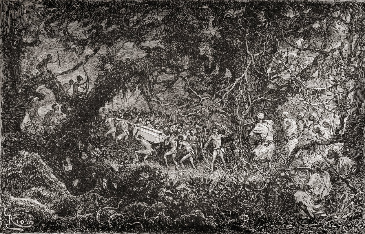 Sir Henry Morton Stanleyn Emin Pashan apuretkikunnan tiedustelijat Afrikassa vuonna 1888 löytävät pygmejä, jotka vievät ampumatarvikelaatikkoa, julkaisu 1890. tekijältä English School