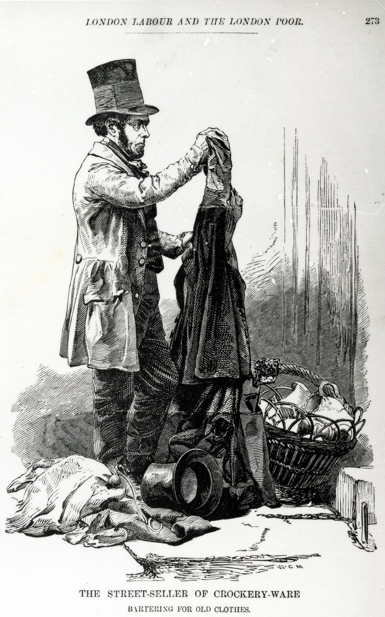 Vanhojen vaatteiden astioiden vaihtokauppa katukauppias, n. 1840 tekijältä English School