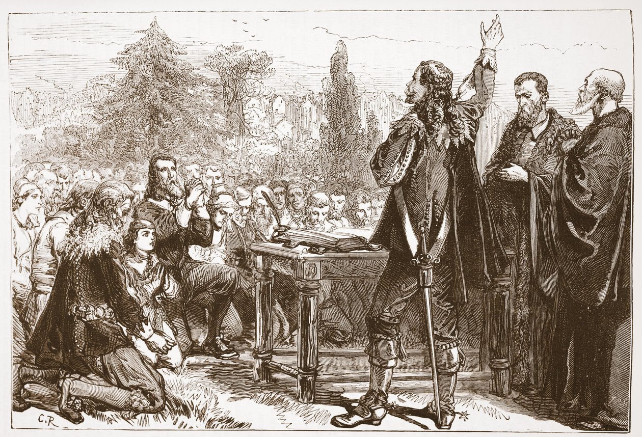 National Covenantin vannominen ja allekirjoittaminen Greyfriars Churchyardissa Edinburghissa, kuvitus James Aitken Wylien (1808-1890) teoksesta The History of Protestantism, pub. 1878 tekijältä English School