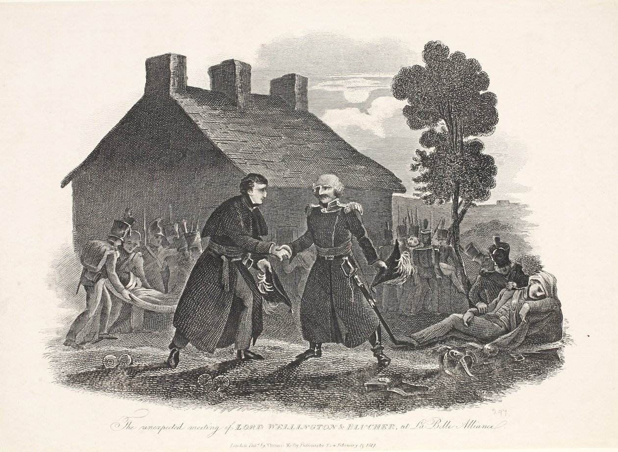 Lord Wellingtonin ja Blucherin odottamaton tapaaminen La Belle Alliancessa, pubissa. T Kelly, 1811 tekijältä English School