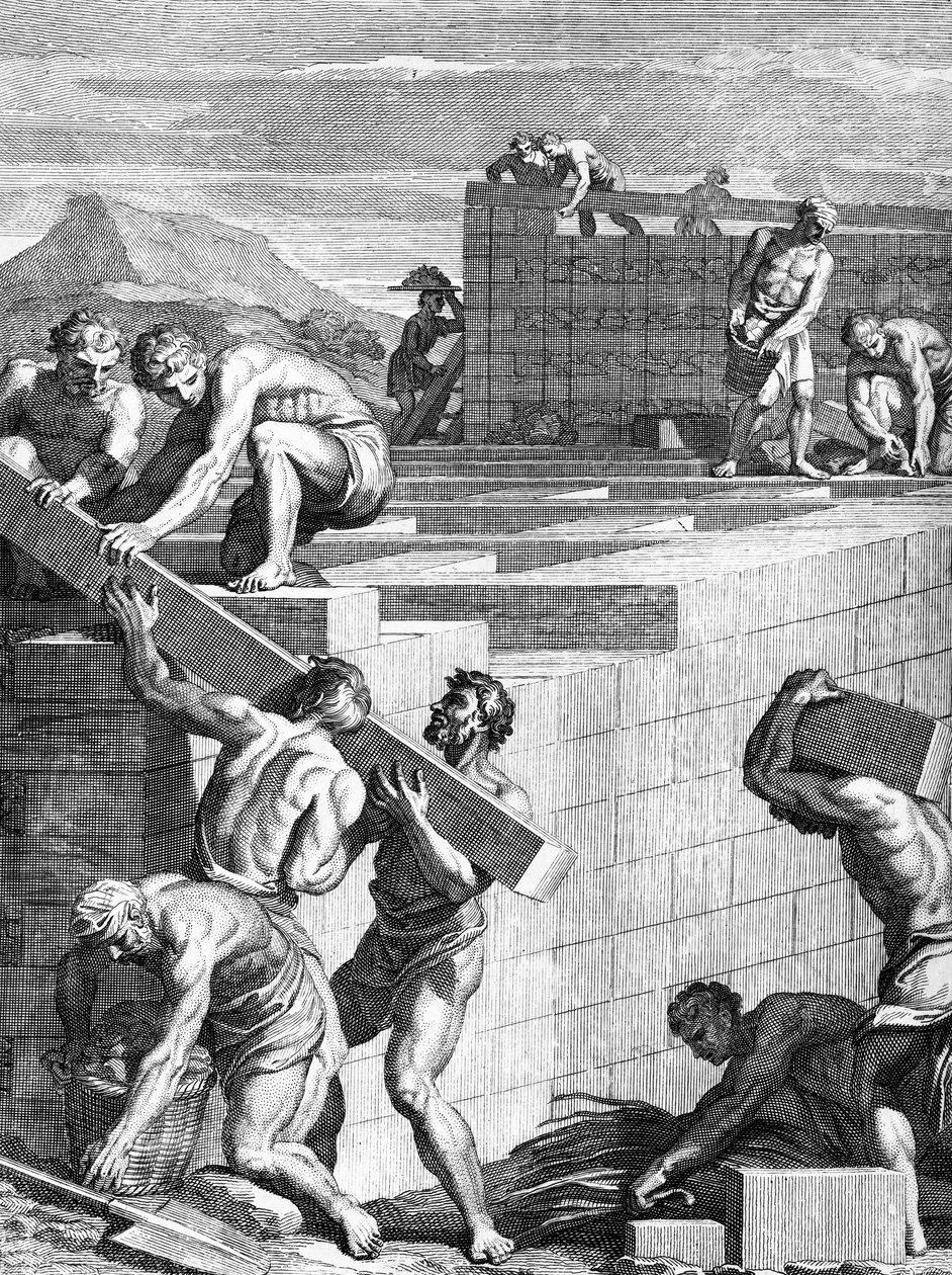 Gallialaisten kaupunkien muurit on rakennettu vaihtoehtoisista kivistä ja palkkeista, kaiverrettu Cornelis Huyberts, kuvitus Caesars Commentariesille, jonka William Duncan on kääntänyt englanniksi, tekijältä English School