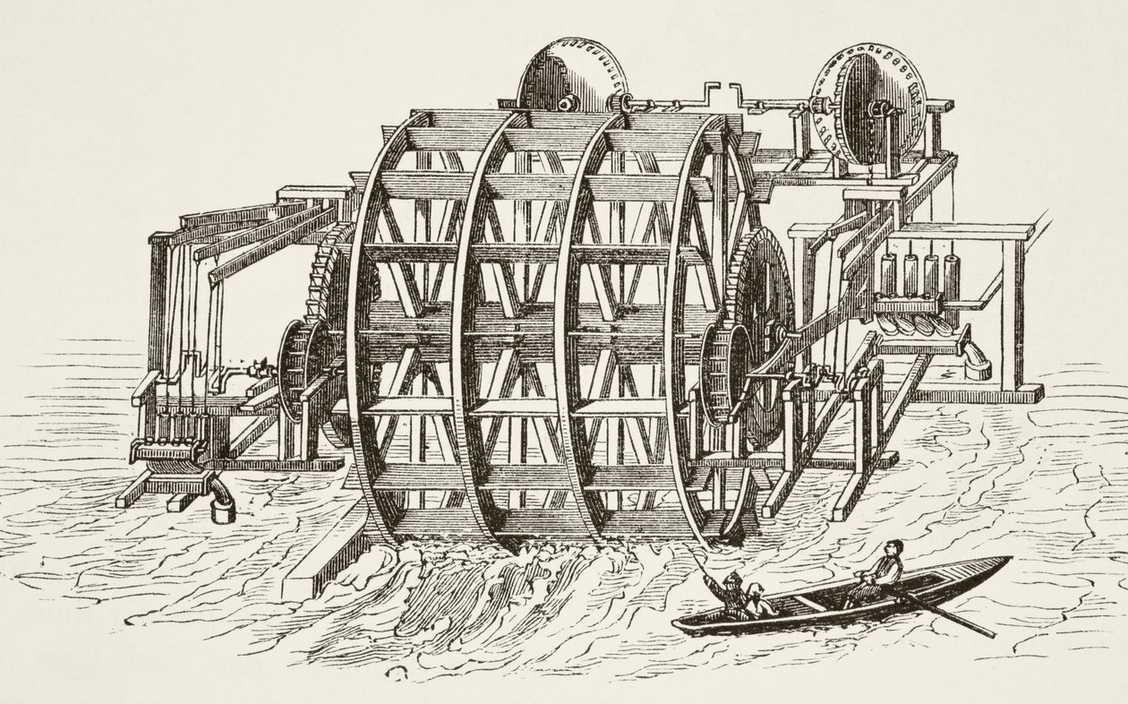 London Bridgen vesirakennus, joka pystytettiin ensimmäisen kerran vuonna 1582, William Hickman Smith Aubreyn (1858-1916) julkaisemasta The National and Domestic History of England -julkaisusta Lontoossa, noin 1890. tekijältä English School