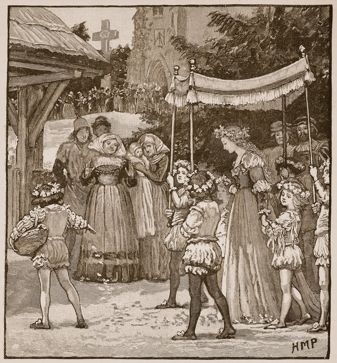 Jack of Newburyn häät: Brides-kulkue, kuvitus Cassells Illustrated History of Englandista (seepiakuva) tekijältä English School