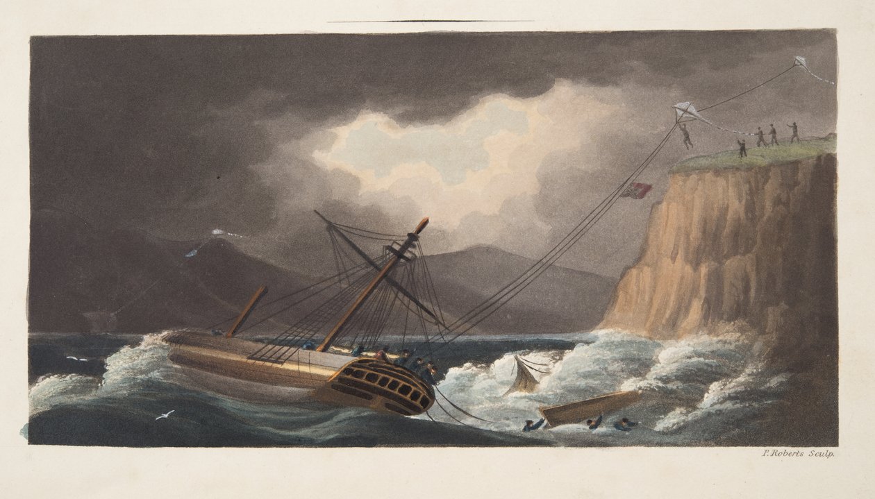"Asioita on vielä yritetty" , Milton, yksityiskohta etukappaleesta "Aeropleustic Art, or Navigation in the Air, by the Use of Kites, or Booyant Sails, pub. 1827 (käsinvärinen akvatinta) tekijältä English School