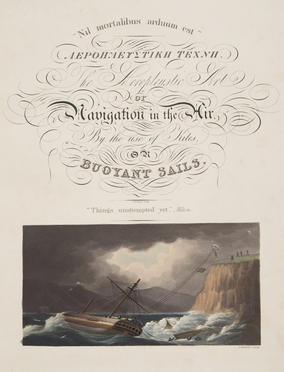 "Asioita on yritetty vielä" , Milton, etukappale elokuvasta "Aeropleustic Art, or Navigation in the Air, by the Use of Kites, or Booyant Sails, pub. 1827 (käsinvärinen akvatinta) tekijältä English School