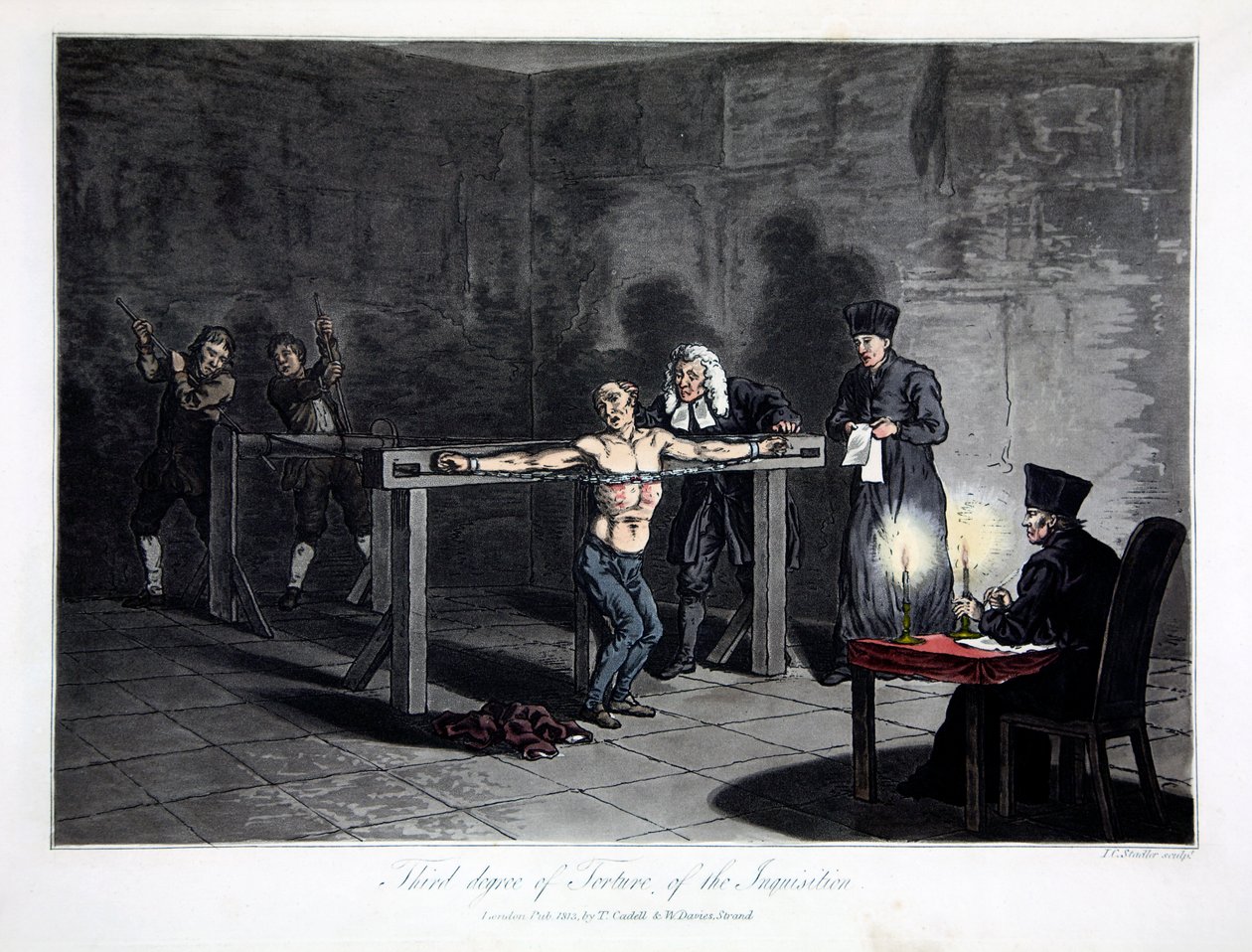 Inkvisition kidutuksen kolmas aste, kaiverrus L.C. Stadler, pubi. kirjoittanut Cadell & Davies, Lontoo, n. 1813 (värikaiverrus) tekijältä English School
