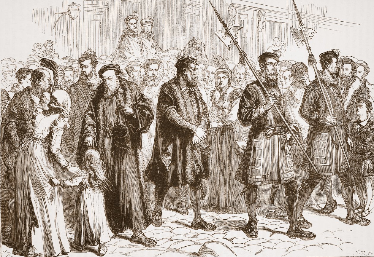 Thomas Bilney matkalla roviolle, kuvitus James Aitken Wylien (1808-1890) teoksesta "The History of Protestantism", pub. 1878 (kaiverrus) tekijältä English School