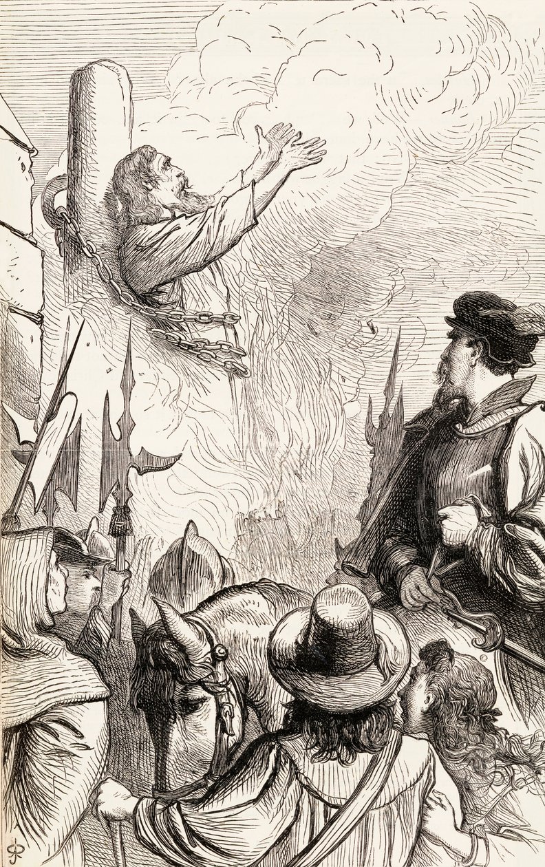 Thomas Hawkes poltettiin roviolla Marian vainojen aikana, n. 1865 (puukaiverrus) tekijältä English School