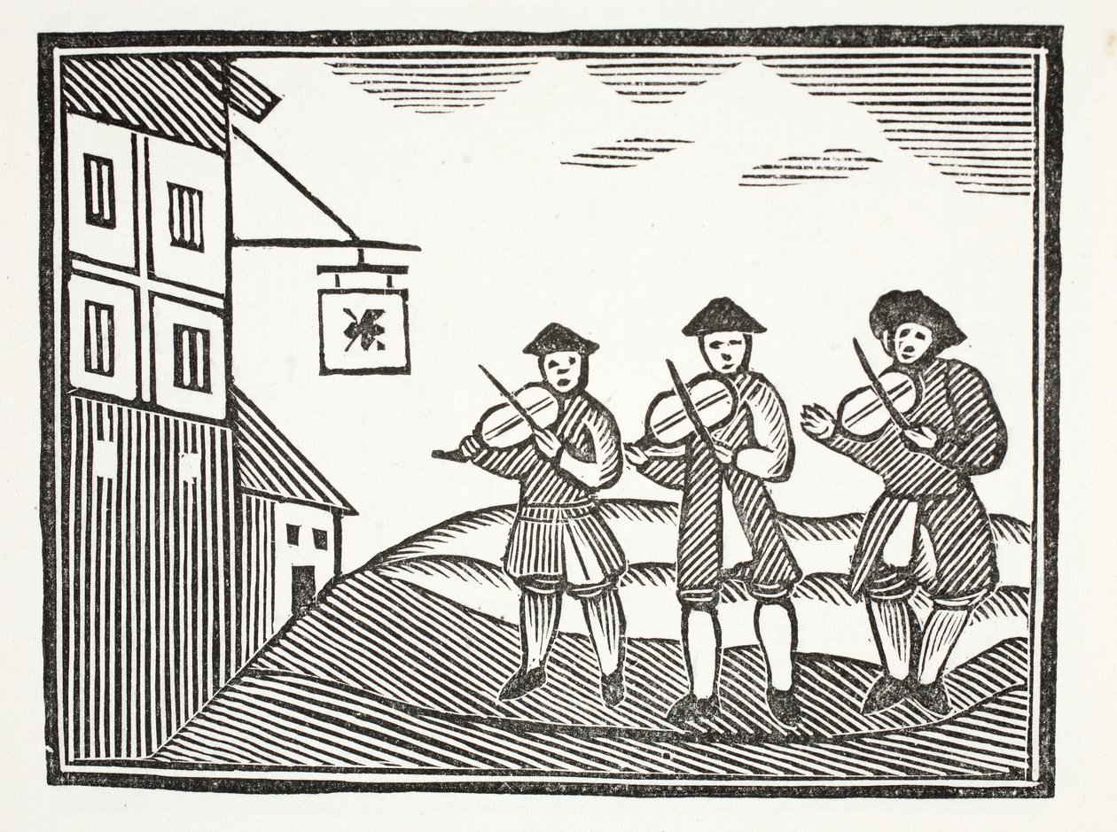 Kolme Fidleriä Thames Streetillä, jotka näyttelivät morsian sulhasta aamulla, joka ei antanut heille mitään juotavaa, kuvitus John Ashtonin pubista Chap-books of the Eightenth Century. 1882 tekijältä English School