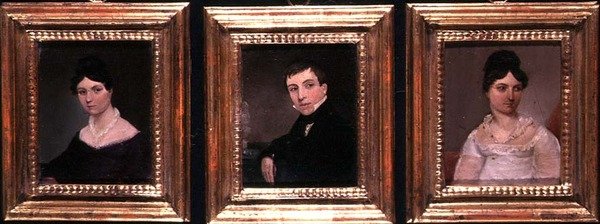 Kolme muotokuvaa veljestä ja kahdesta sisaresta Regency-puvussa, n. 1825 (öljy levylle) tekijältä English School