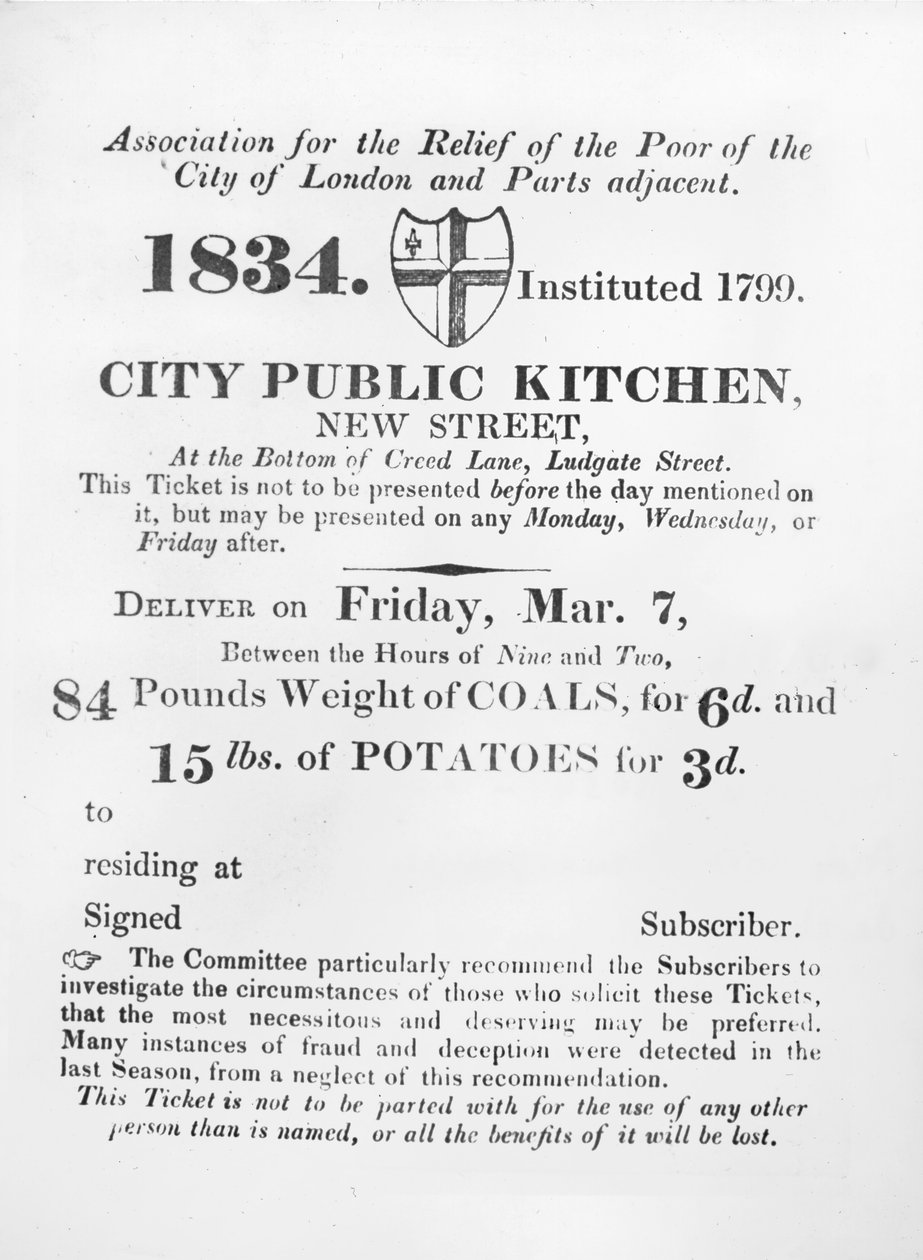 Köyhille myönnetty lippu hiilen ja perunoiden vastaanottamiseksi City public Kitchenistä, New Street, Lontoo, 1834 tekijältä English School
