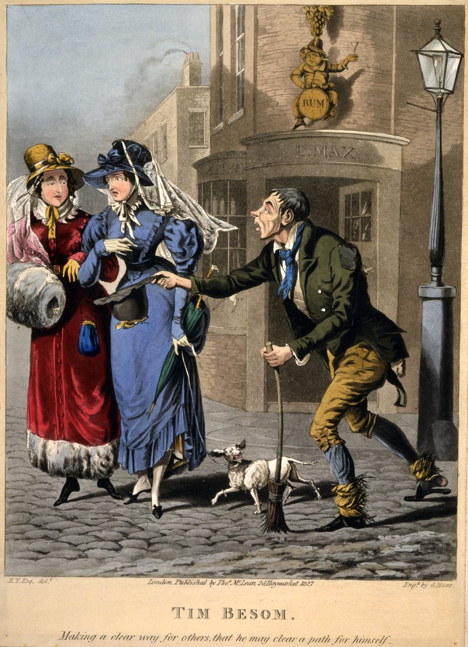 Tim Besom - tekee selvän tien muille, jotta hän voi avata polun itselleen. Kaiverrus G Hunt, Pub. Thos. McLean, Lontoo, 1827 (käsinvärinen kaiverrus) tekijältä English School
