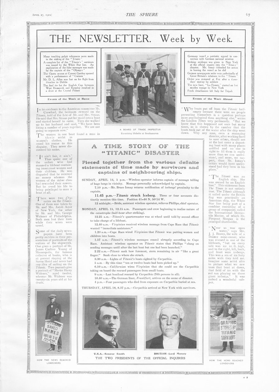 Aikajana tapahtumista ja artikkeleista Titanicin uppoamisesta, The Spherestä, 27. huhtikuuta 1912 tekijältä English School