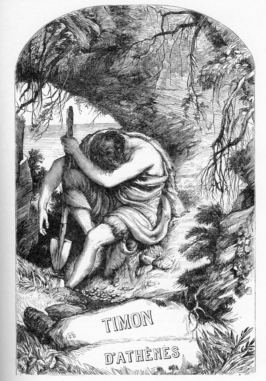 Timon Ateenalainen (Ateenalaisen Tymonin elämä) - Kuvitus kirjassa "" Completes de William Shakespeare""" 1866 - Tämän painoksen kuvitukset ja yleinen muoto on lainattu Cassellin kuvitetusta Shakespearesta, joka julkaistiin Lontoossa tekijältä English School