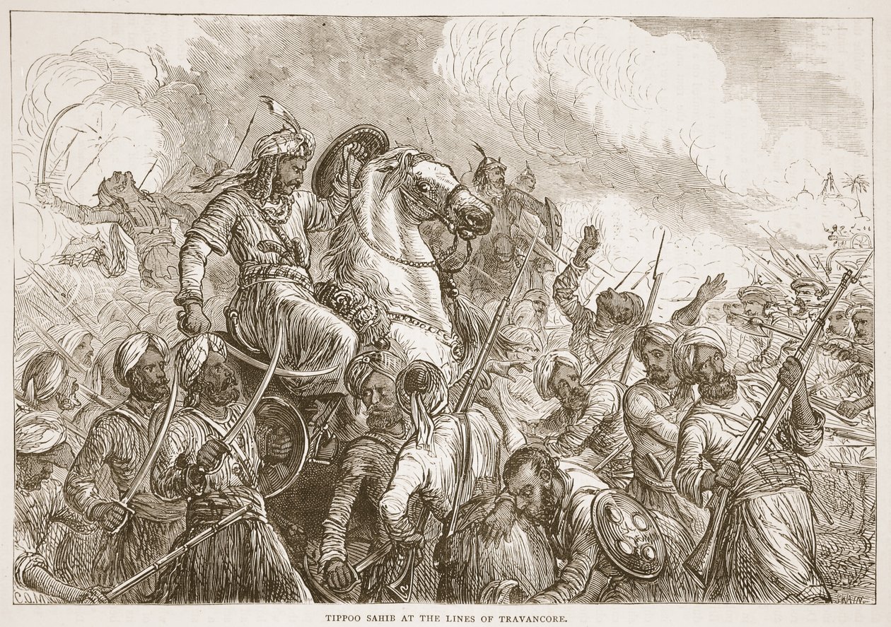 Tippoo Sahib Travancoren linjoilla, kuvitus James Grantin Cassells Illustrated History of Indiasta, pubi. 1879 tekijältä English School