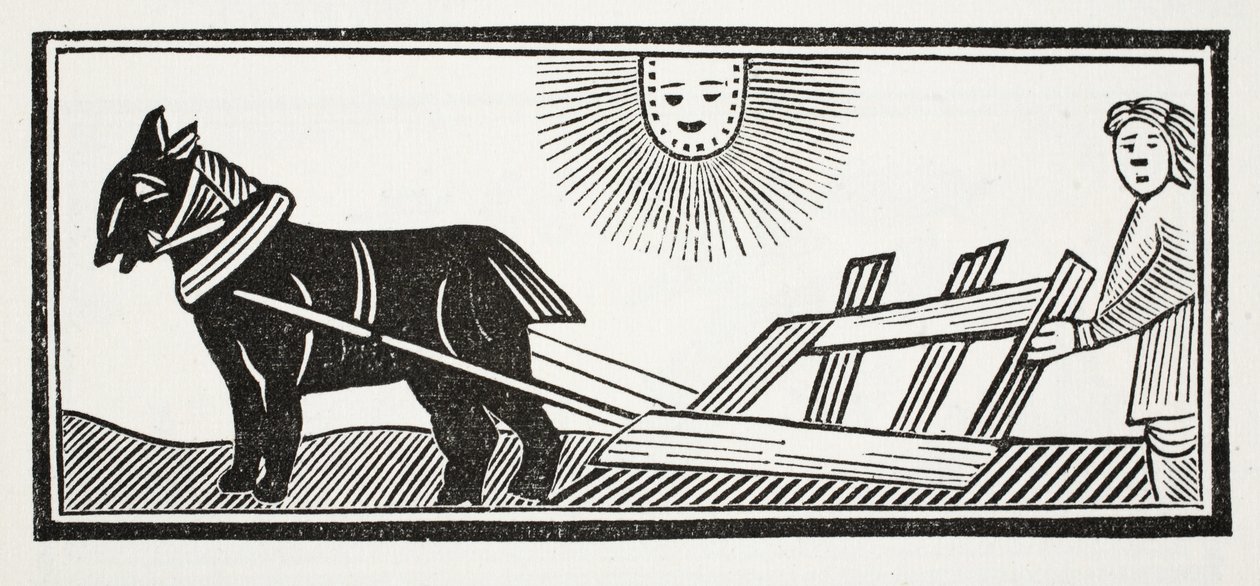Tämä on aura, joka hajottaa maan suolistot maissin kylvöä varten, kuvitus John Ashtonin pubista Chap-books of the Eightenth Century. 1882 tekijältä English School