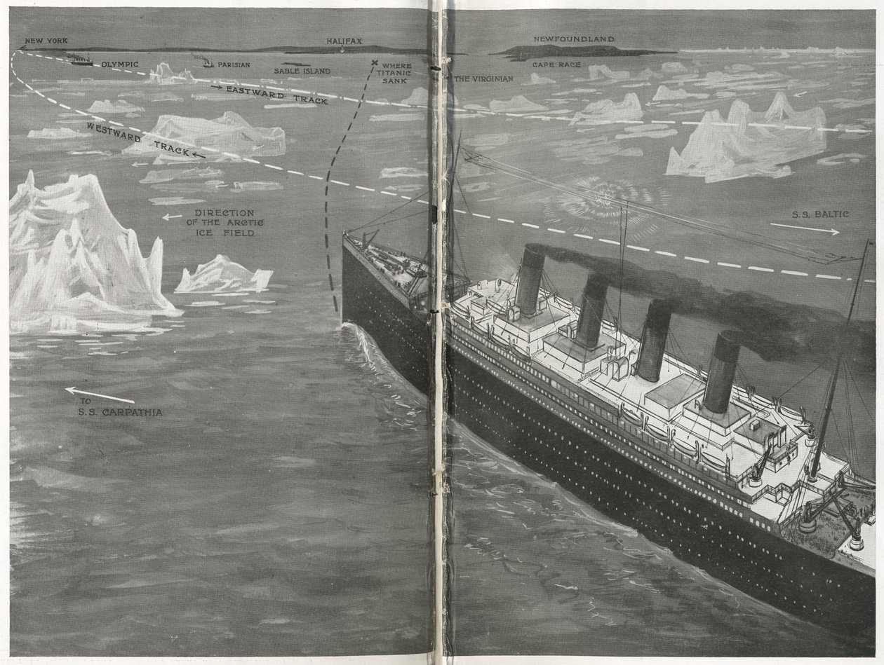 Titanic jäälautassa, elokuvasta "The Sphere", 20. huhtikuuta 1912 (litho) (450874:n yksityiskohta) tekijältä English School