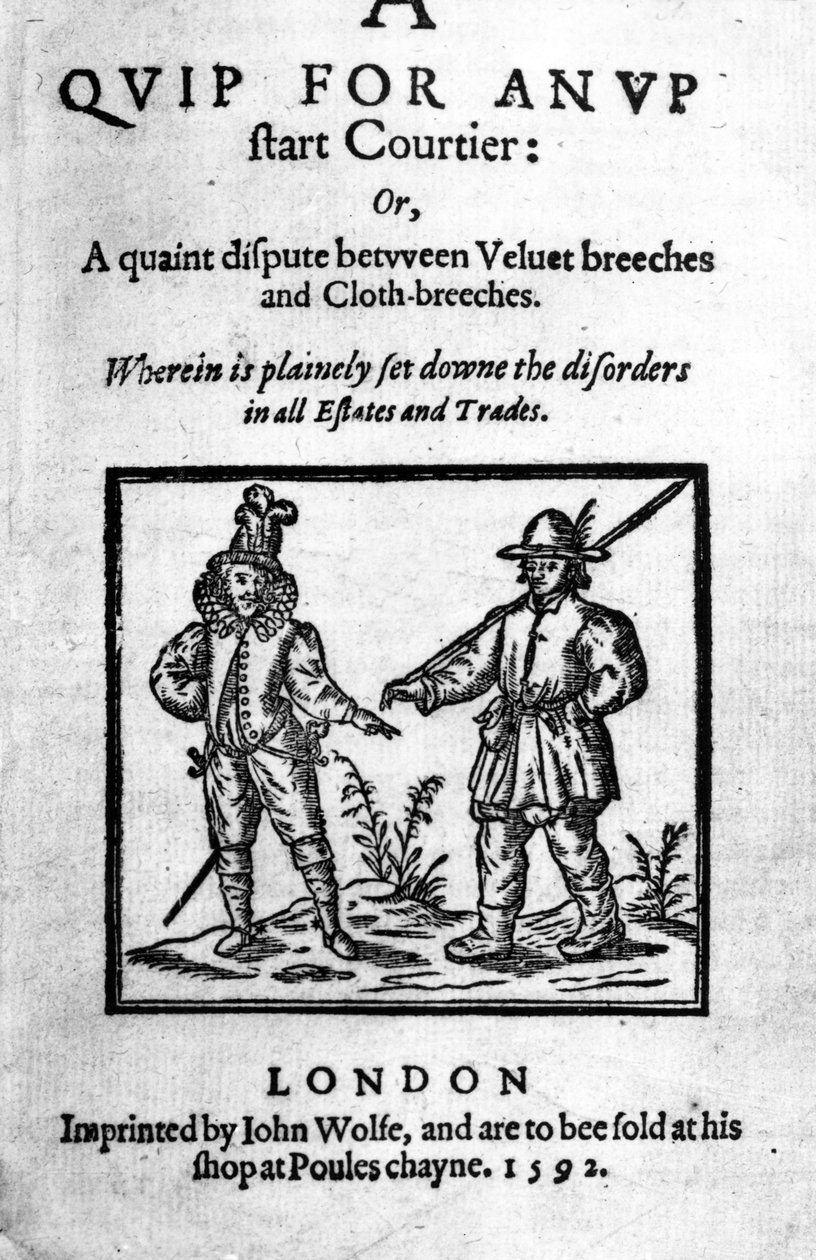 Otsikko julkaisulle Huippu ylhäiselle hovimiehelle: tai, Viehättävä kiista Robert Greenen Velvet- ja kangashousuhousujen välillä, julkaistu 1592 (puupiirros ja kohopaino) tekijältä English School
