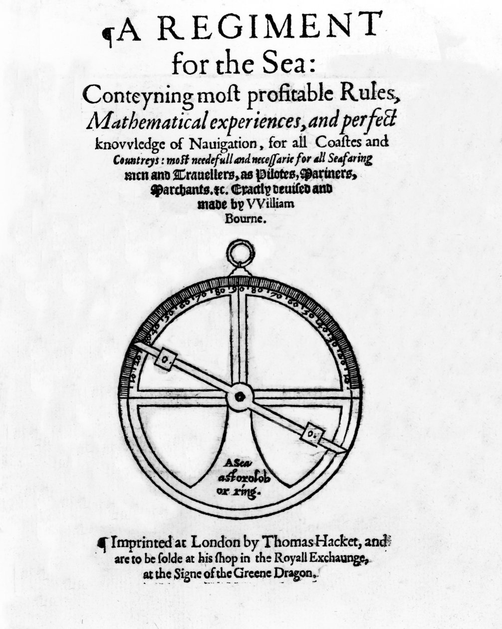 Nimisivu teokselle A Regiment for the Sea, kirjoittanut William Bourne, julkaistu n. 1574 (koopaino ja kaiverrus) tekijältä English School