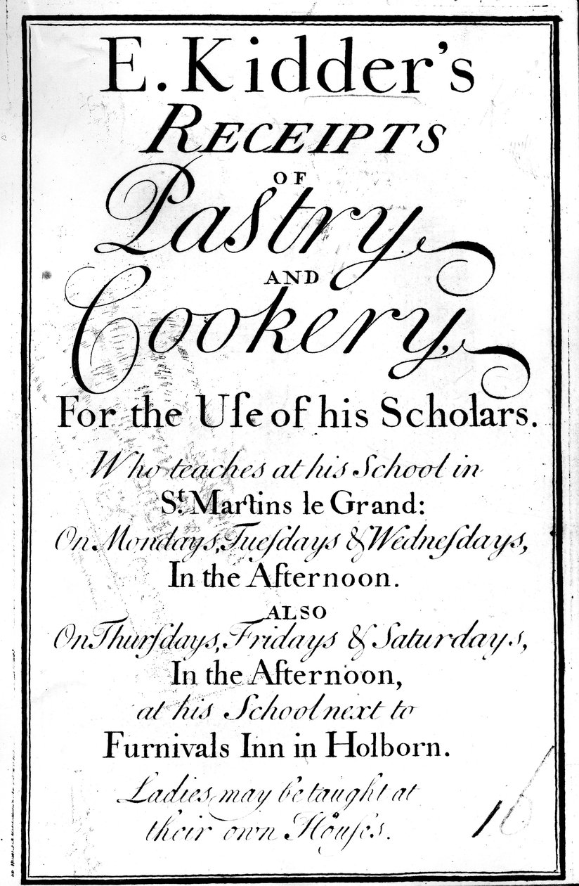 Edward Kidderin E. Kidders Receipts of Pastry and Cookery -lehden otsikkosivu, julkaistu n. 1730 tekijältä English School