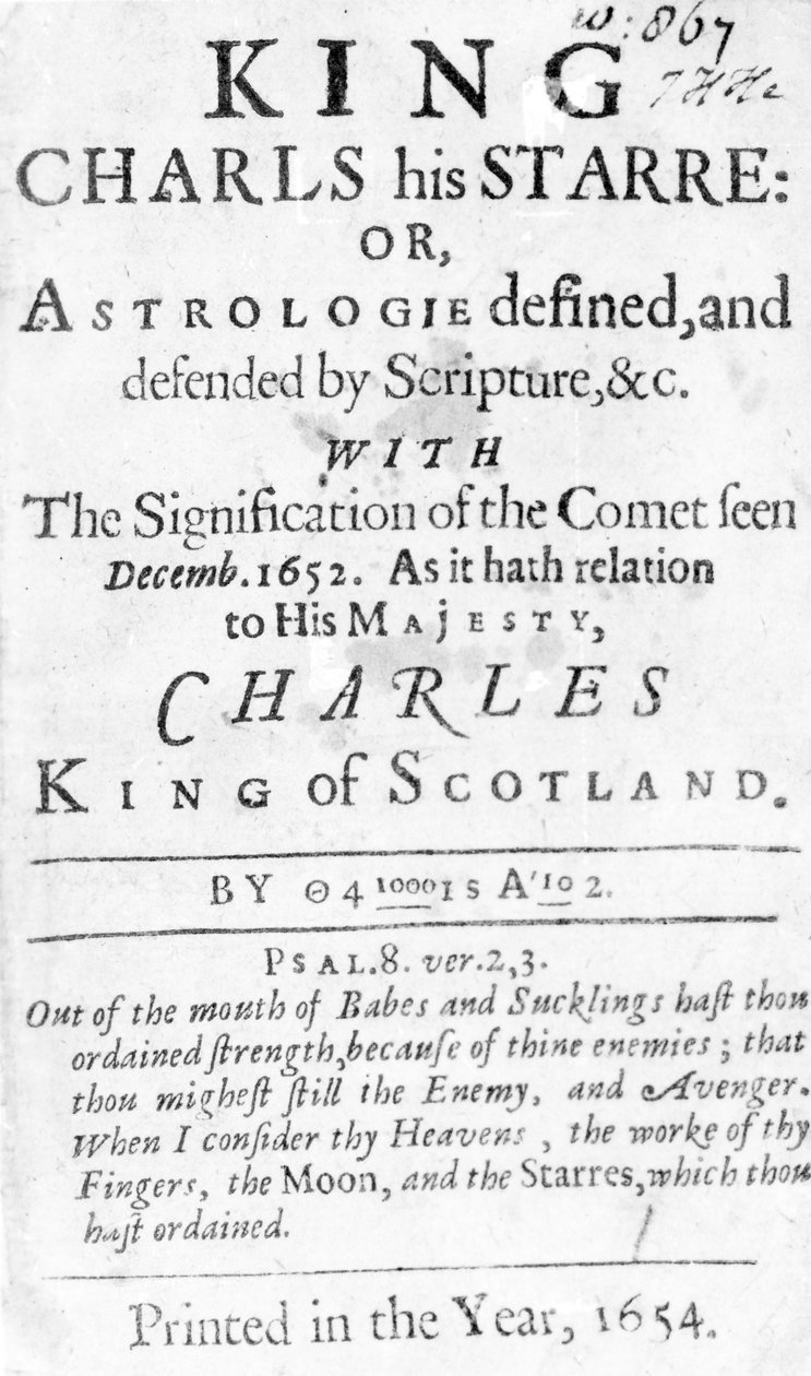 Nimisivu King Charls his Starre: Or, Astrologie määrittelee ja puolustaa Scripture jne., julkaistu 1654 (koopaino) tekijältä English School