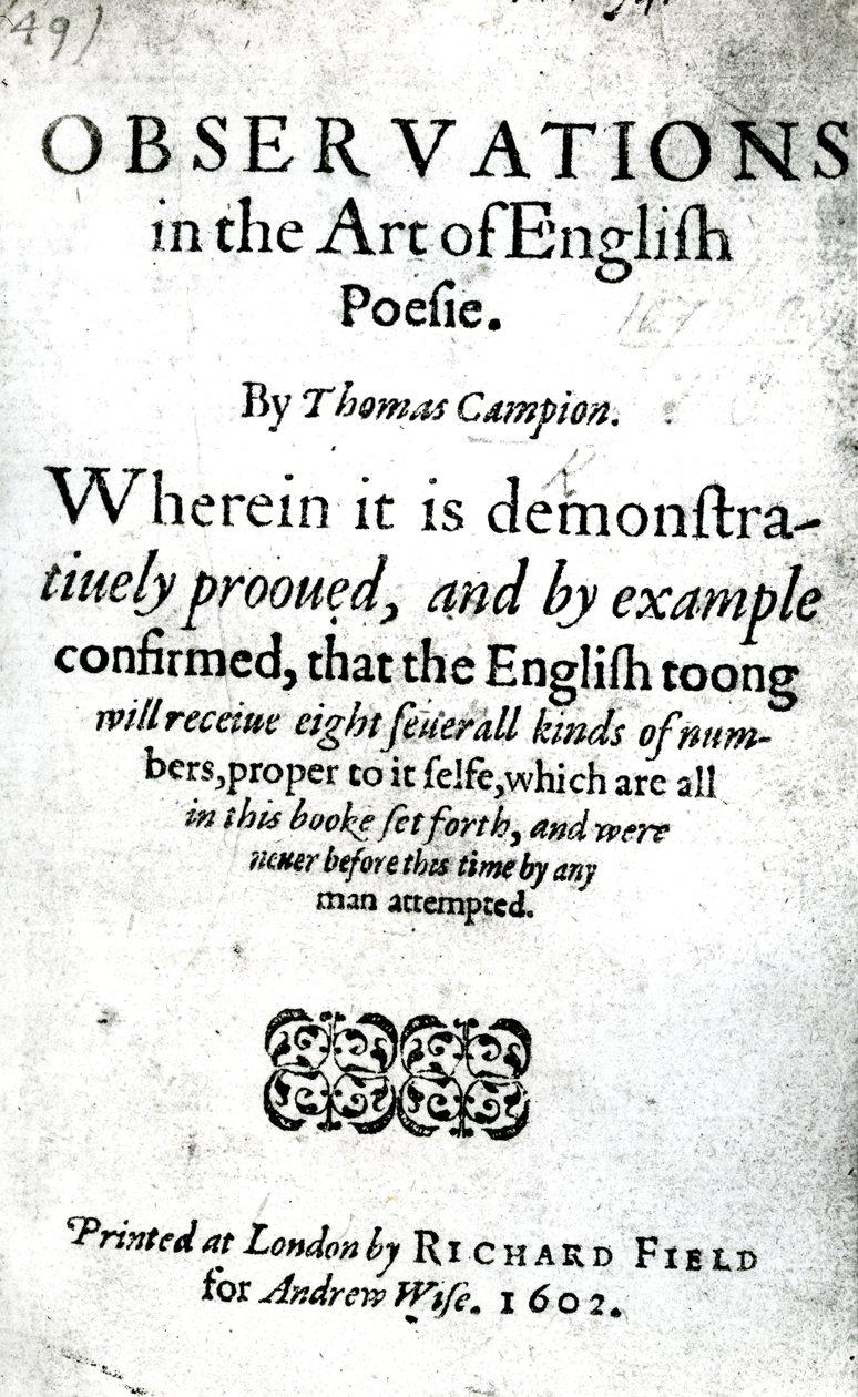 Nimisivu Thomas Campionin englanninkielisen poesian taiteen havainnoille, julkaistu 1602 (painettu paperi) tekijältä English School