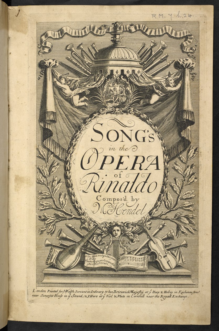 Nimisivu Friedrich Händelin kappaleeseen "Songs in the Opera of Rinaldo". tekijältä English School