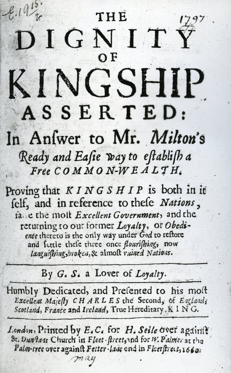 Nimisivu teokselle The Dignity of Kingship Asserted by G.S. Lover of Loyalty, julkaistu 1660 (painettu paperi) tekijältä English School