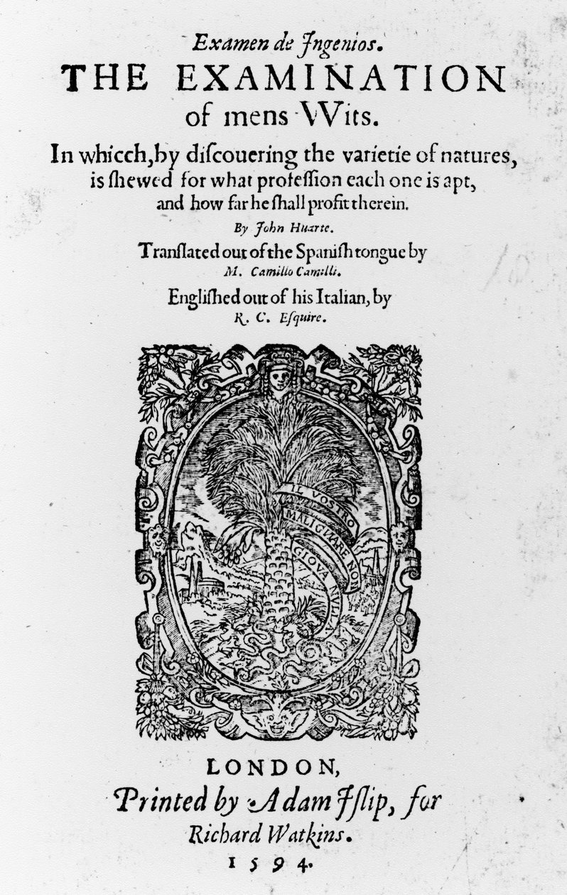 Juan Huarten The Examination of mens Wits otsikkosivu, julkaistu 1594 (painettu paperi) tekijältä English School