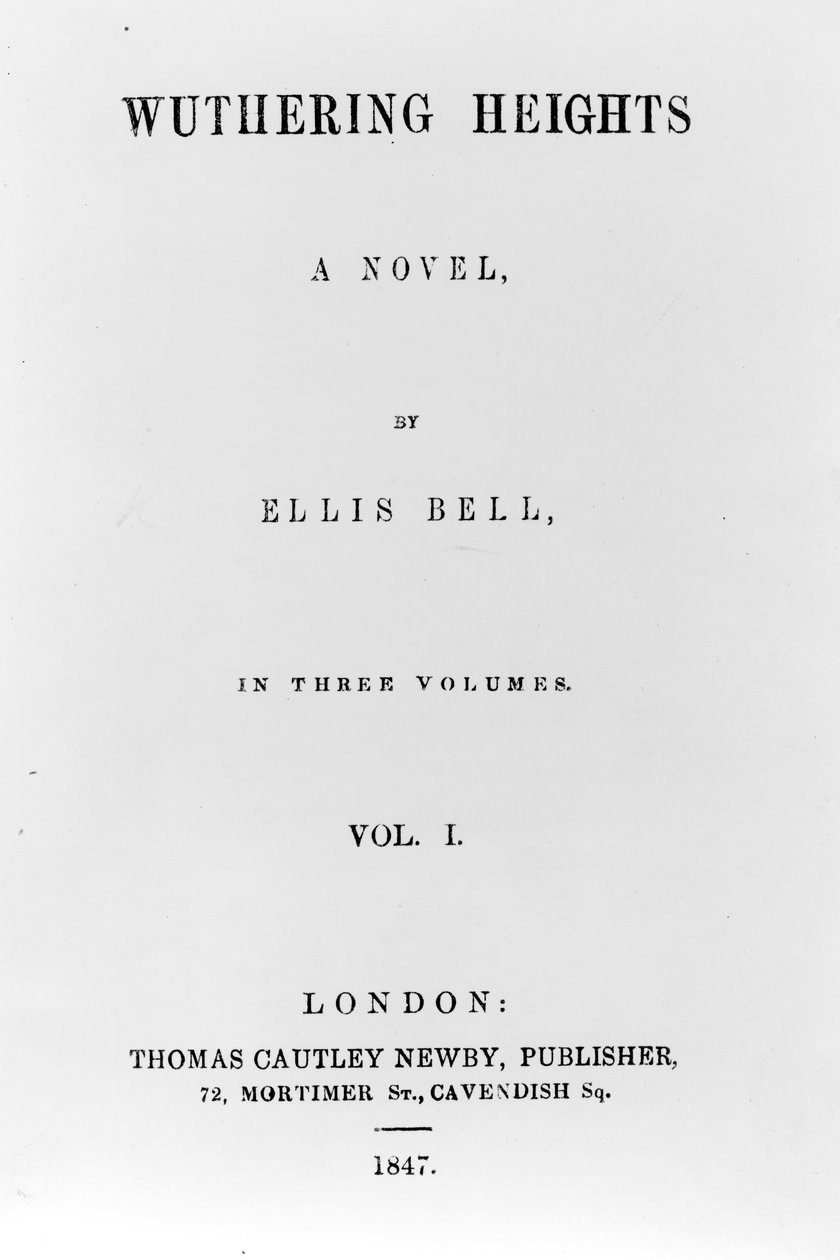 Nimisivu Ellis Bellin (Emily Bronten salanimi) Wuthering Heightsin ensimmäiselle painokselle, julkaistu 1847 (painettu paperi) tekijältä English School