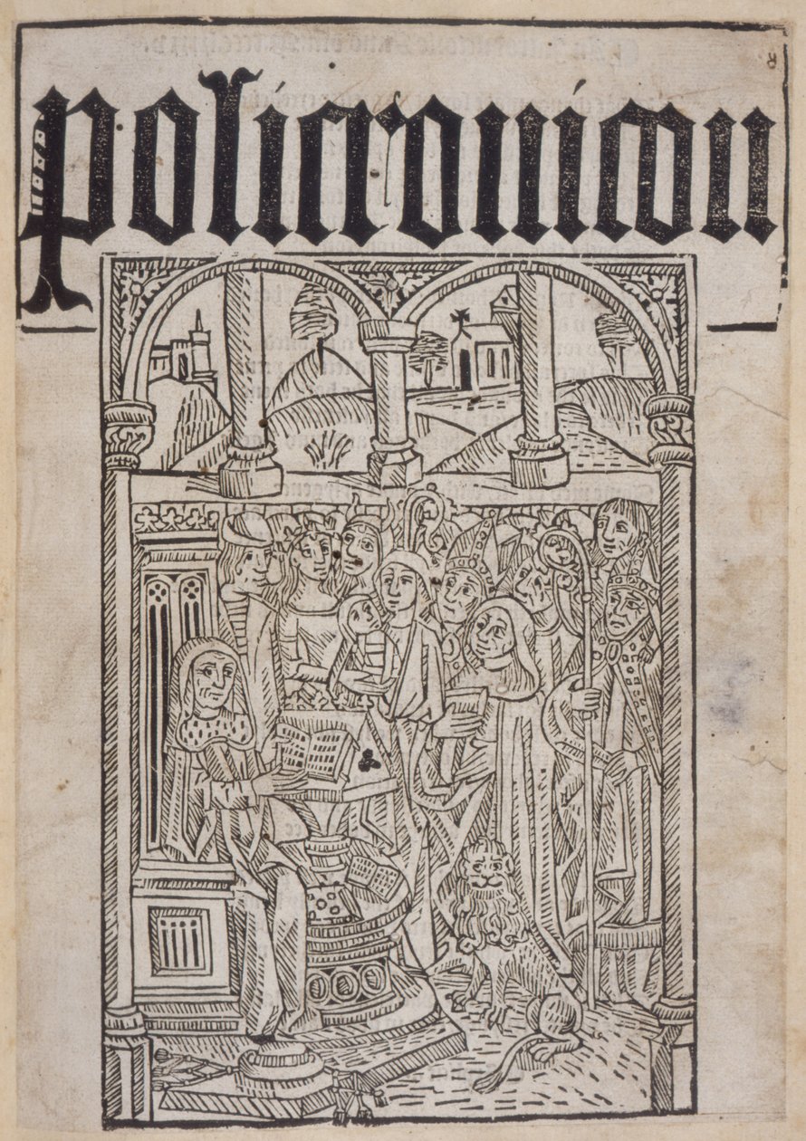 Nimisivu Ranulf Higdenin (d.1364) Polychroniconista, painanut Wynkyn de Worde, 1495 tekijältä English School