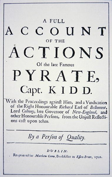 Nimisivu merirosvokapteeni William Kiddin elämästä, julkaistu Lontoossa vuonna 1701 (litho) tekijältä English School