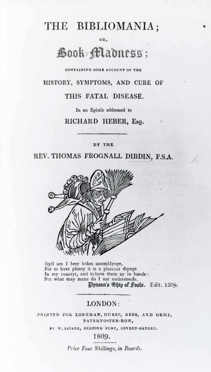 Nimisivu pastori Thomas Frognall Dibdinin Bibliomaniaan, julkaistu 1809 (painettu paperi) tekijältä English School